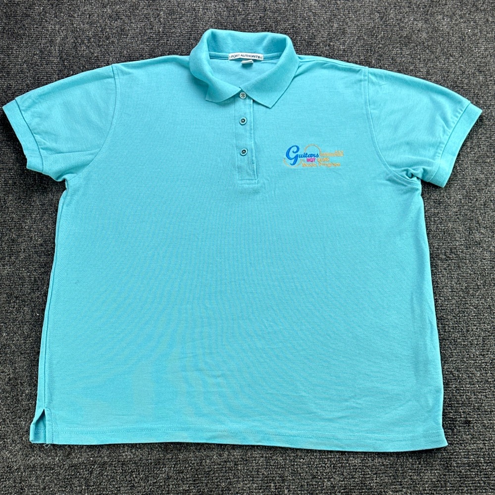 Port Authority Guitars Not Guns Polo Shirt Ladies L Turquoise Blue Pique Knit